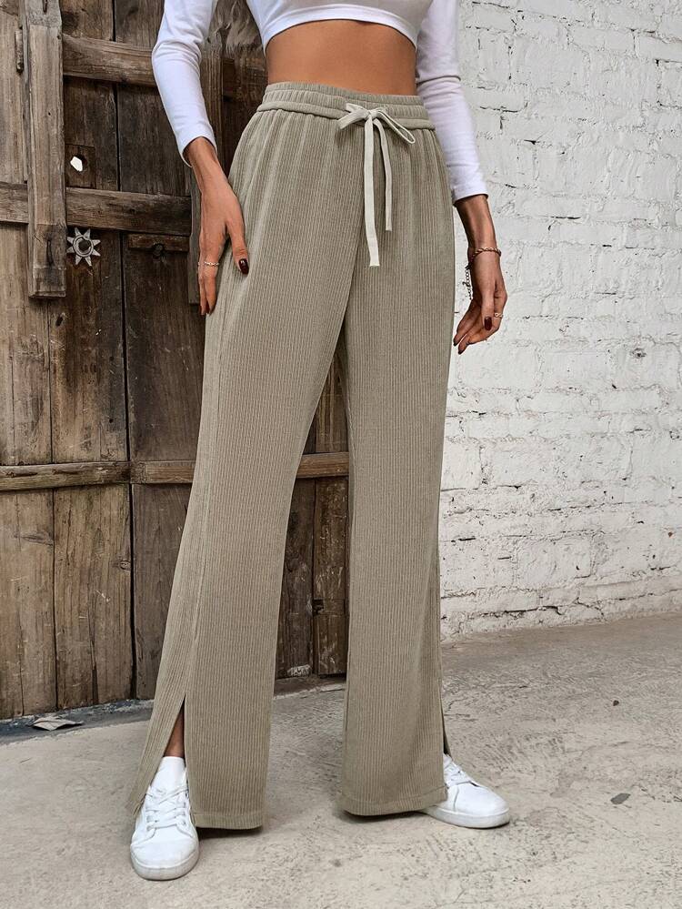 Drawstring Waist Slit Hem Straight Leg Pants Fall Cloth For Women