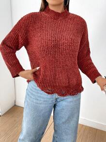 Flirla Áo len dệt kim cổ đứng, viền rách, chất liệu chenille, cỡ lớn, thích hợp cho mùa thu đông. - Lạc đà - Xem 4