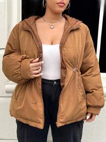 SHEIN EZwear Abrigo acolchado con capucha con cordón y cremallera, talla grande