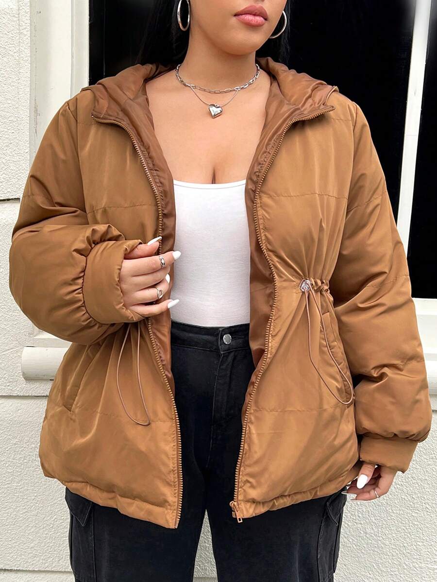 SHEIN EZwear Plus Size Drawstring Waist Zipper Hooded Padded Coat - Brown - View 1