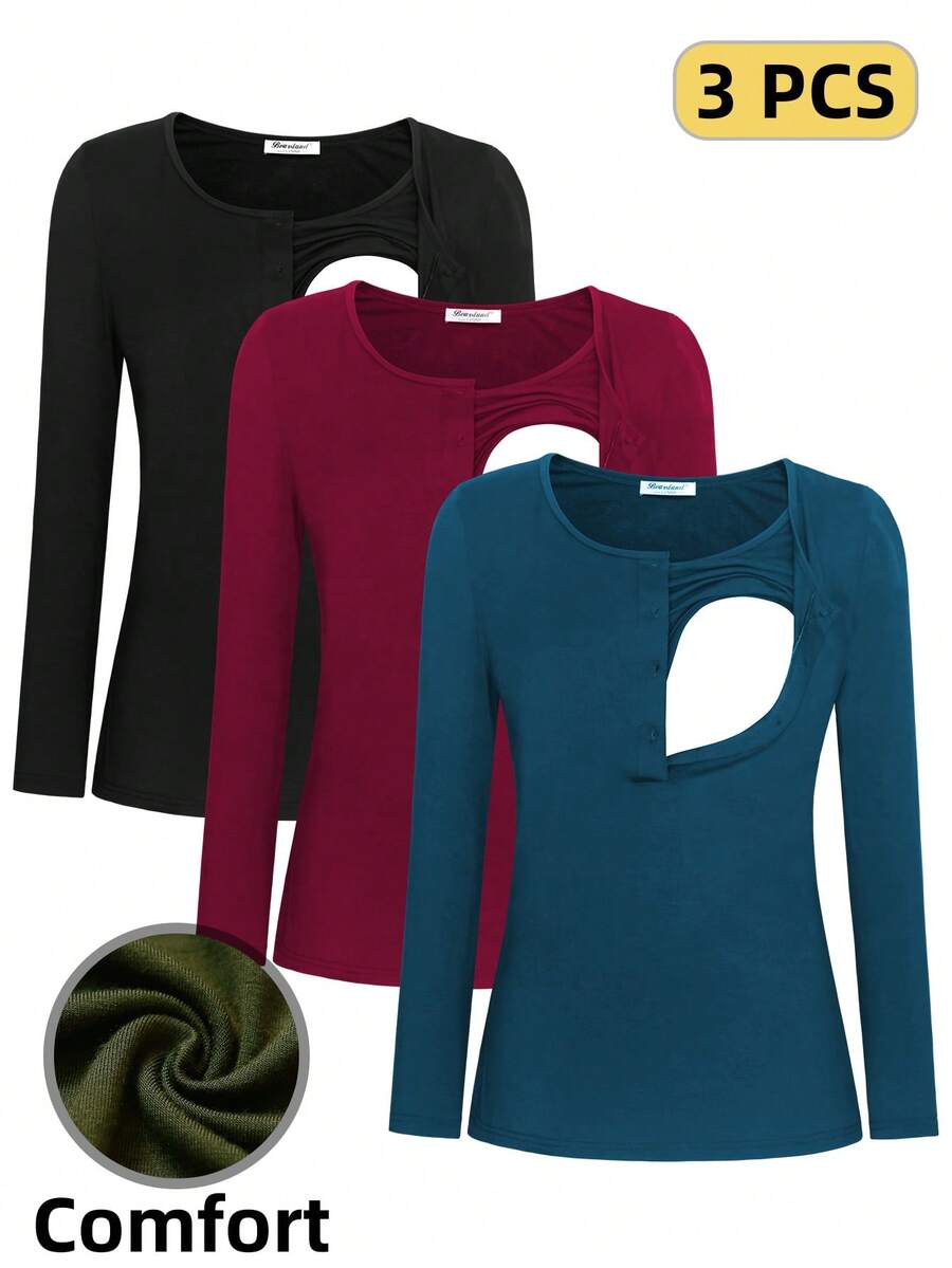 3pcs Maternity Nursing Long Sleeve T-Shirts - Burgundy - View 1