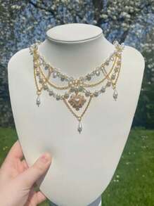 ROMWE Fairycore Y2k Style Fashionable Faux Pearl Pendant Necklace - Gold - View 4