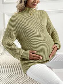 SHEIN Maternity Solid Color High Neck Rib Knit Sweater, For Winter - Green - View 7