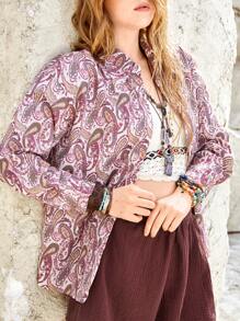 Bohemela 度假風格女用常規版襯衫領開襟夾克 - 紅木色 - 查看 2