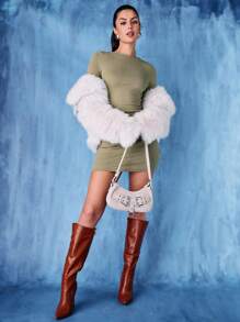 SHEIN BAE Women'S Ribbed Tank Style Bodycon Dress With Deep V-Back And Long Sleeves - Green - View 1