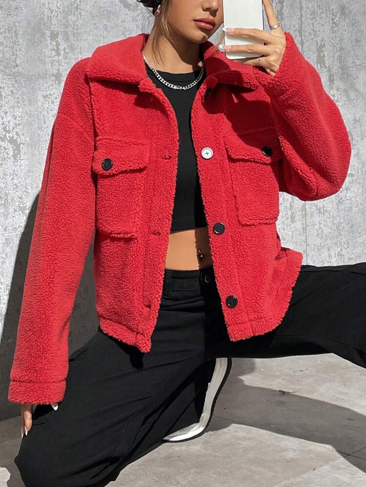 Buttoned Loose-fit Drop Shoulder Solid Color Jacket