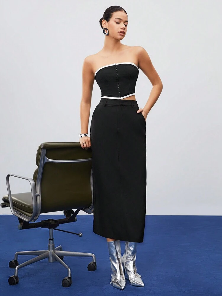 Contrast Trim Hook-eye Bandeau Top And Skirt Two-piece Set