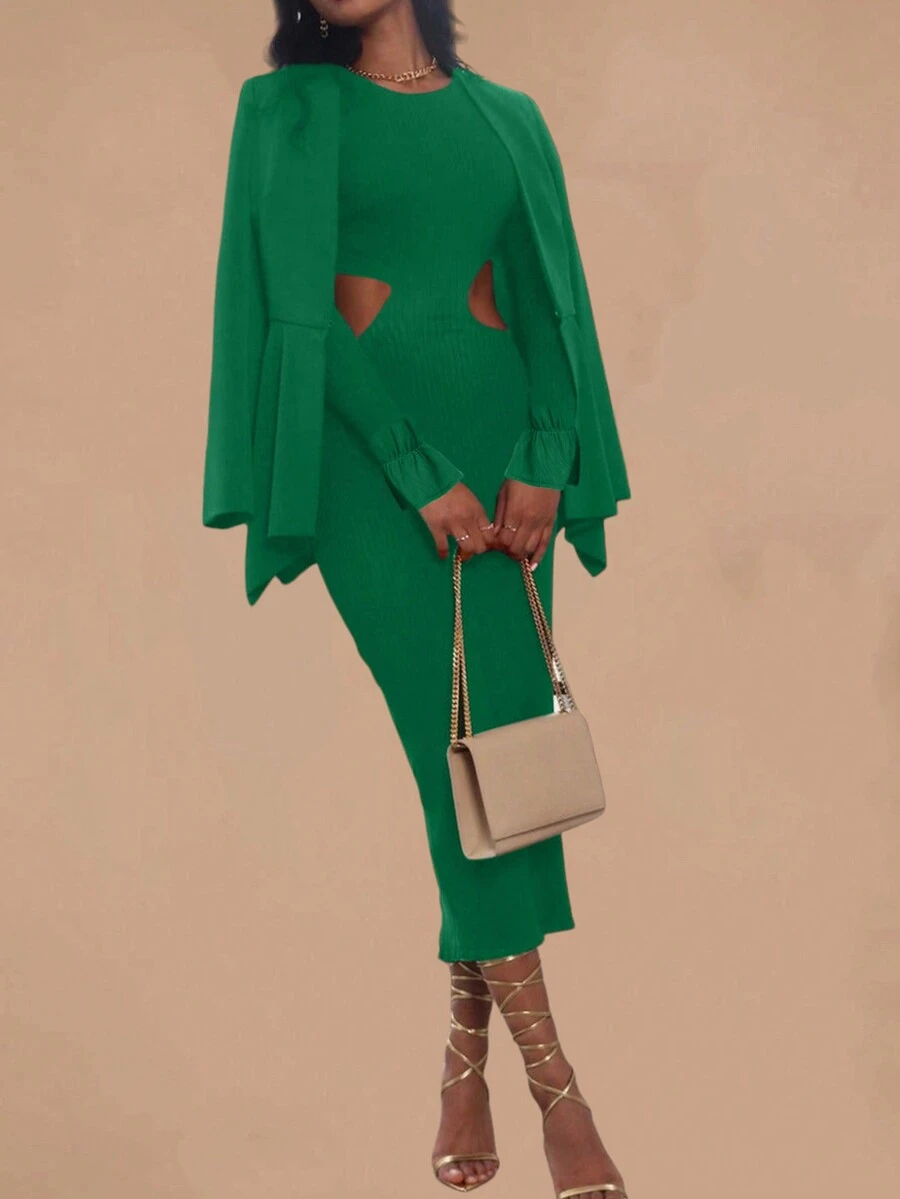 Cắt bỏ eo Tách đùi Đầm - Màu xanh lá cây đậm - Xem 1