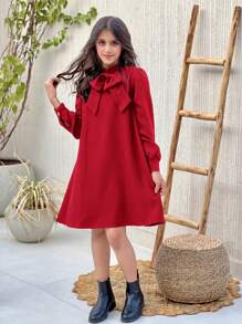 SHEIN Tween Girl Stand Collar Dress With Decorative Back Pleats And Buttons, Long Sleeve