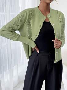 SHEIN Essnce Women's Round Neck Button-up Cardigan - Green - View 3