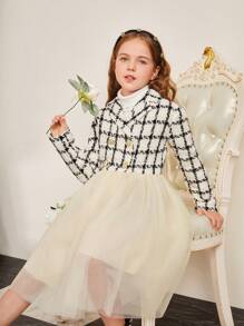 Tween Girl 1pc Plaid Pattern Double Breasted Mesh Hem Overcoat - Black and White - View 1