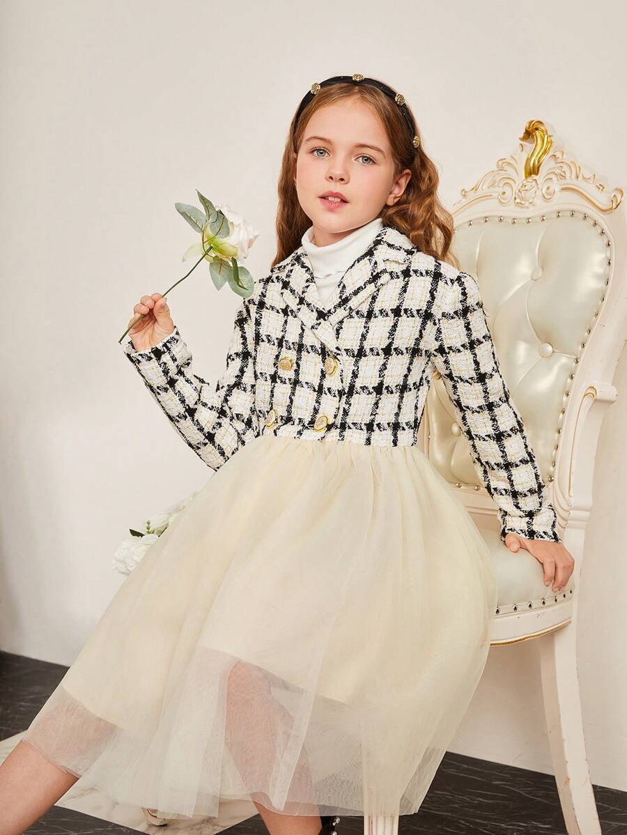 Tween Girl 1pc Plaid Pattern Double Breasted Mesh Hem Overcoat - Black and White - View 1