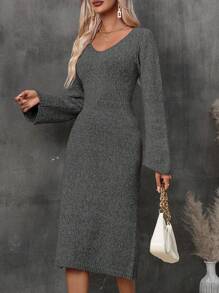 SHEIN Clasi Cổ chữ V Tay áo chuông Giải trí Áo len dệt kim Đầm - Xám - Xem 5