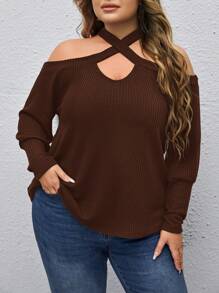 SHEIN Privé 女式大尺碼休閒簡約娃娃領方格紋開肩鑲空格紋交叉紋帶T恤 - 棕色 - 查看 1