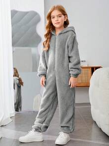 SHEIN 女童針織毛絨實色連帽拉鍊寬鬆保暖休閒連體衣 - 淺灰色 - 查看 3