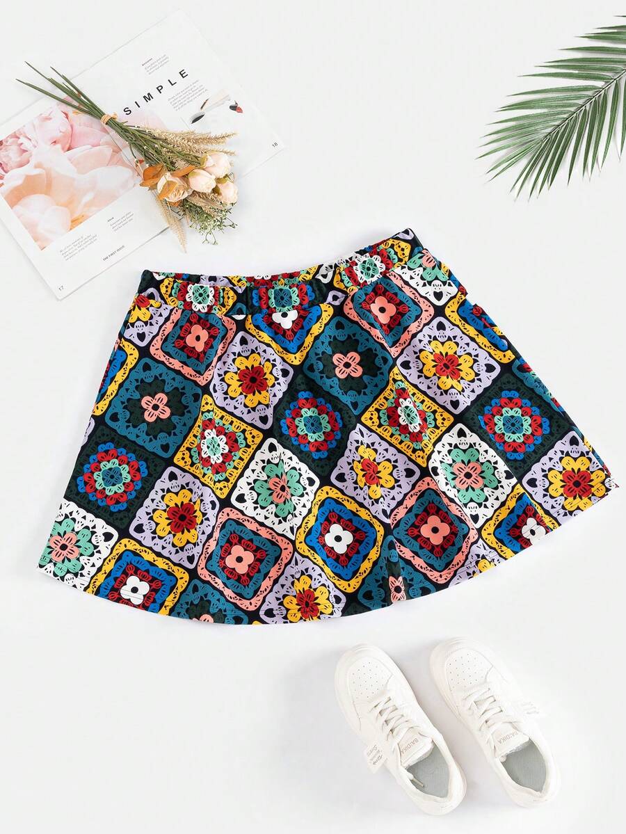 SHEIN VCAY Plus Size Full Floral Print Skirt - Multicolor - View 1