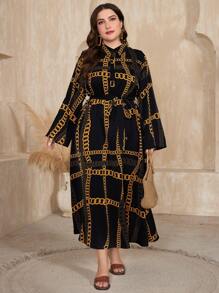 Mulvari Plus Size Chain Pattern Long Sleeve Buttoned Dress Maxi Women Outfit