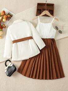 SHEIN Junge Mädchen Selbst Gebundener Zweireiher-blazer Glatt Pleated Cami Kleid