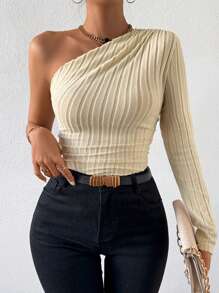 Chiquease Solid Color Asymmetrical Hem One Shoulder Top - Apricot - View 1