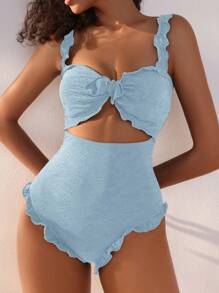 女用鏤空褶邊連身泳衣 - 淺藍色 - 查看 1