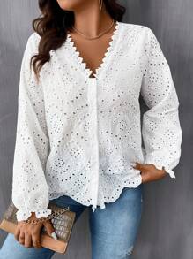 SHEIN LUNE Kích thước lớn Của phụ nữ Thêu lột vỏ Cắt tỉa Áo sơ mi - trắng - Xem 3