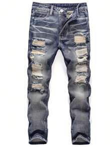 Teenage Boys' Distressed Washed Denim Jeans - Medium Wash - View 1