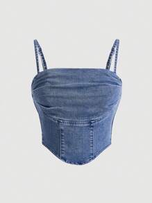 SHEIN MOD 女性褶皺胸牛仔鉸肩背心 - 銀色 - 查看 1