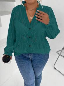 Calvaya Women'S Plus Size Embroidered Shirt With Hollow Out Frilled Hem Collar - Blue - View 5