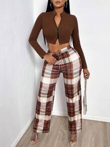 VaVaBold Zippered Short Cropped T-shirt - Brown - View 3