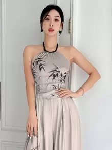 EastFlair Chinese Watercolor Bamboo Print Pleated Front Bead Chain Halter Neck Camisole Top, Suitable For Music Festival, Party, Valentine's Day, Date Night