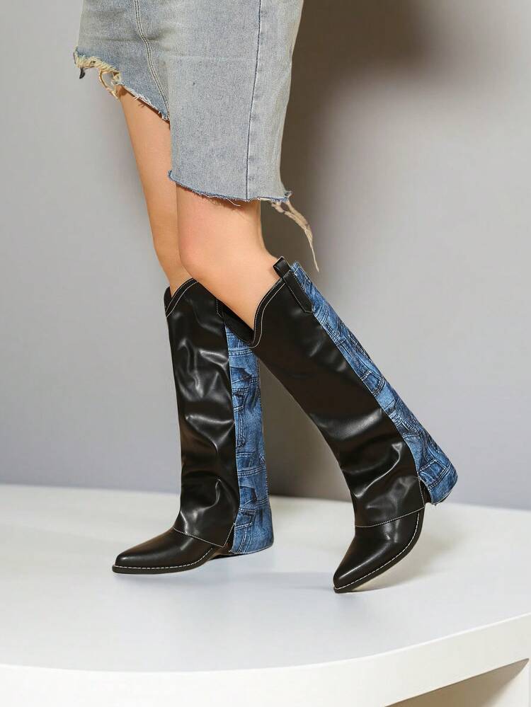 Fashionable Western Style Cowgirl Boots With Denim Patchwork, Chunky Heel And High Tube For Women
