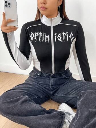 SHEIN Coolane 大尺碼女款字母印花前拉鍊 T 卹