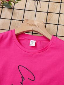 SHEIN 大女孩寬鬆復古風格圓領字母印花落肩 T 恤和褲子套裝 - 玫紅色 - 查看 4