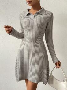 Flirla Của phụ nữ Cổ Polo Đầm Áo len - Xám - Xem 4