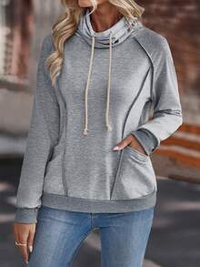 SHEIN LUNE 女性純色拉格蘭袖束口連帽衫 - 深灰色 - 查看 4