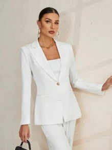 SHEIN BIZwear Màu thuần Vòng cổ Nút đơn Áo vest áo - trắng - Xem 1