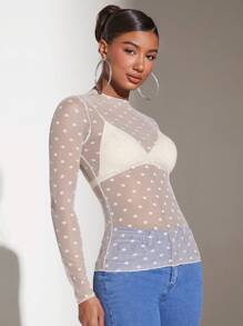 SHEIN BAE 女式透明圓點網眼上衣 - 杏色 - 查看 7