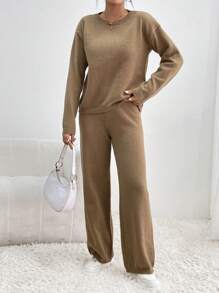 SHEIN Essnce Drop Shoulder Sweater & Knit Pants - Khaki - View 4