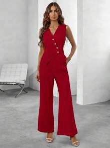 EMERY ROSE Button Up Vest Suit Jacket And Slant Pocket Pants Set - Burgundy - View 6