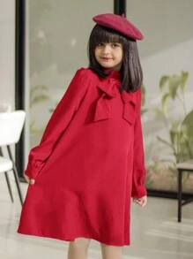 SHEIN Tween Girl Stand Collar Dress With Decorative Back Pleats And Buttons, Long Sleeve