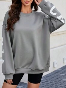 SHEIN EZwear 字母印花落肩套頭衫 - 淺灰色 - 查看 2