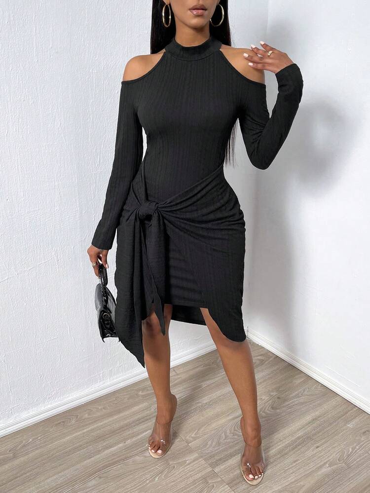 Solid Color Cutout Shoulder Twist Front Dress Fall Cloth For Women