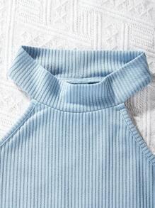 少女舒適寬鬆落肩長袖夾克掛脖上衣和褲子套裝 - 藍色 - 查看 7