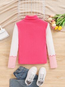 SHEIN 女童肋紋針織彩塊立領休閒t卹 - 玫紅色 - 查看 2