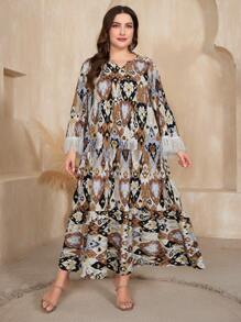 Al Najma Plus Size Women's Floral Printed Patchwork Furry Sleeve Cuff Dress - Brown - View 5