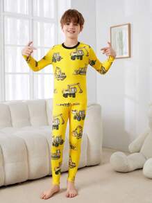 SHEIN Tween Boy合身休閒圓領圖案t恤和長褲貼身家居服套裝 - 彩色 - 查看 6