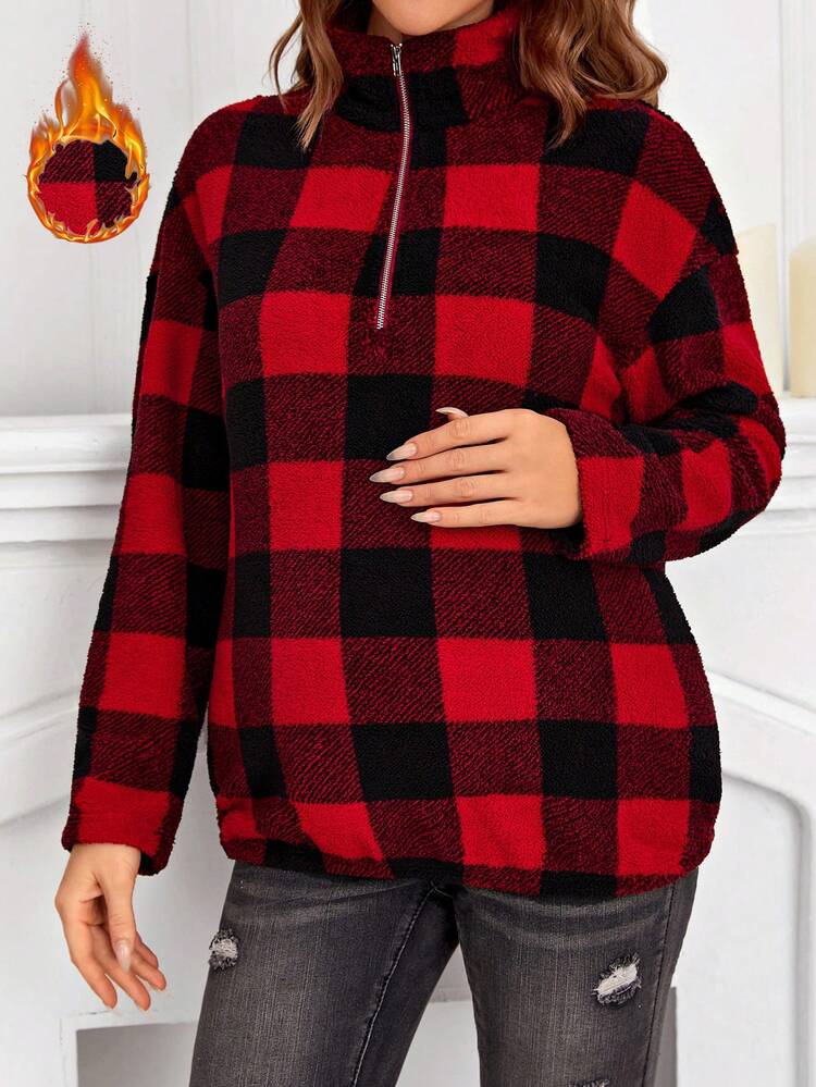 SHEIN 孕婦格紋印花半拉鏈落肩袖運動衫 - 酒紅色 - 查看 1