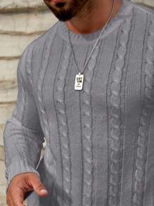 GENTILAND Men's Long Sleeve Cable Knitted Sweater With Round Neckline - Grey - View 6