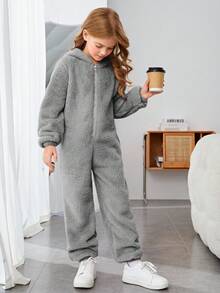 SHEIN 女童針織毛絨實色連帽拉鍊寬鬆保暖休閒連體衣 - 淺灰色 - 查看 4