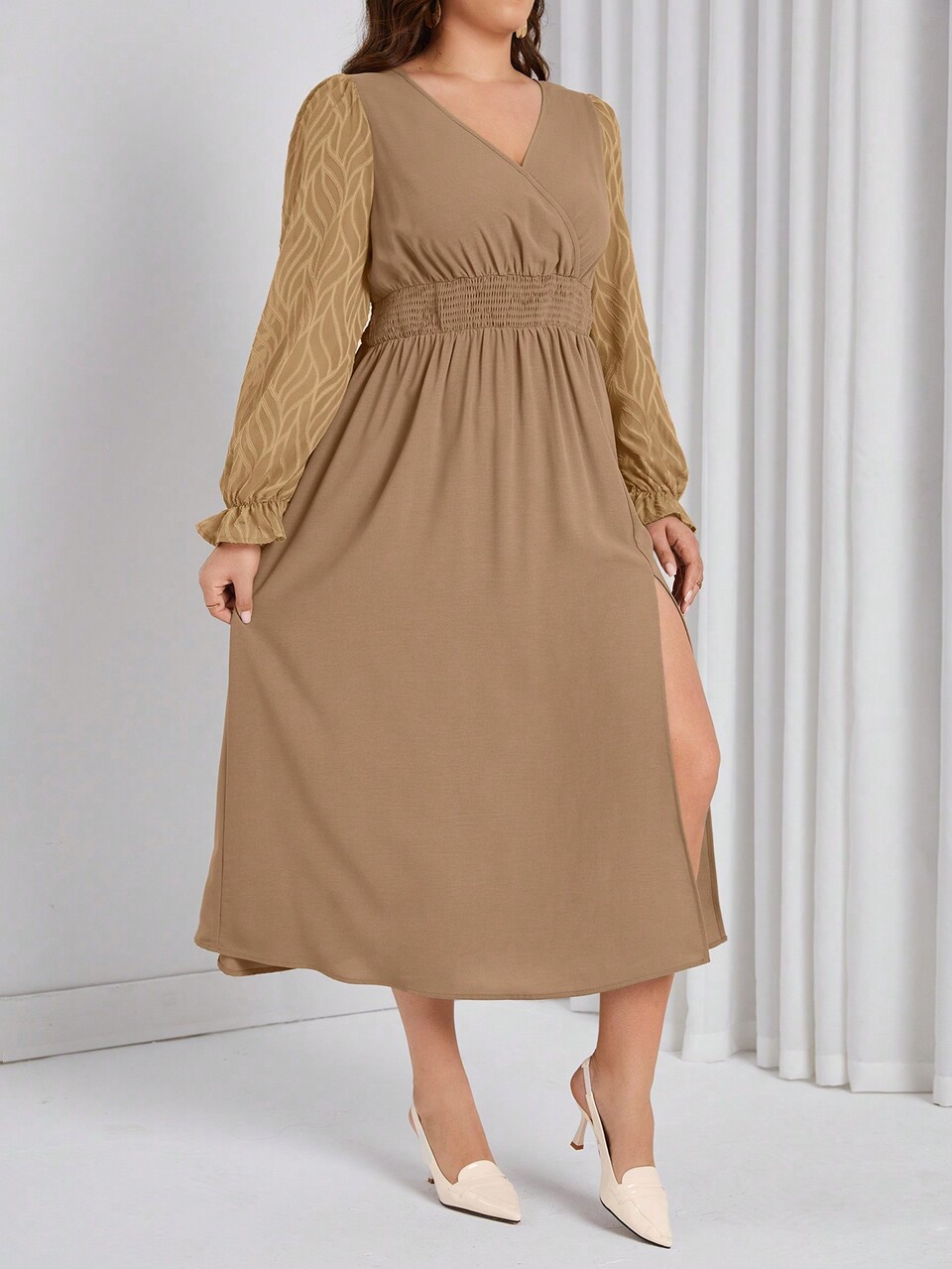 Plus Size Women'S Off Shoulder Pleated Hem Split Dress